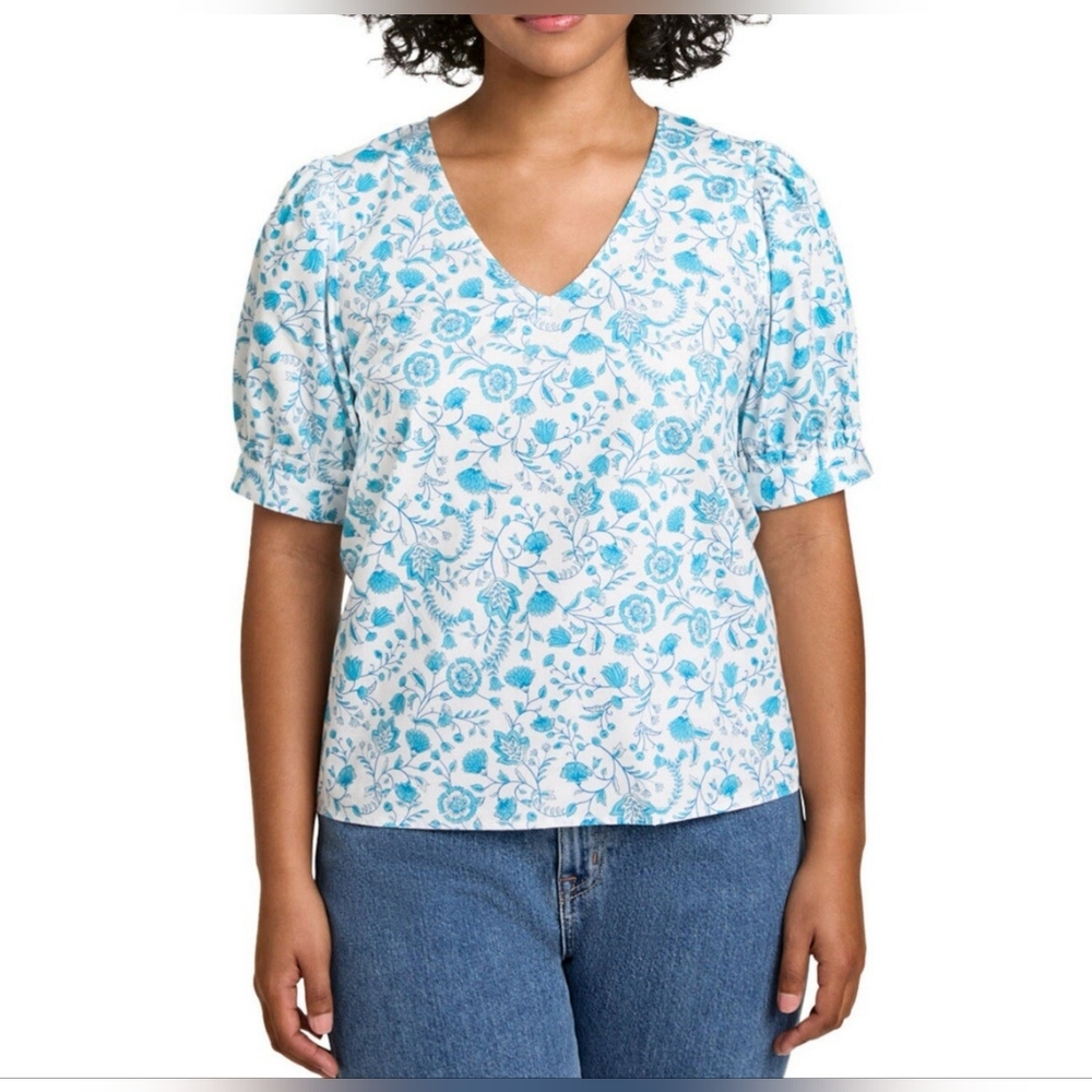 Draper James Puff Sleeve Vneck Top New With Tags Blue & White Floral